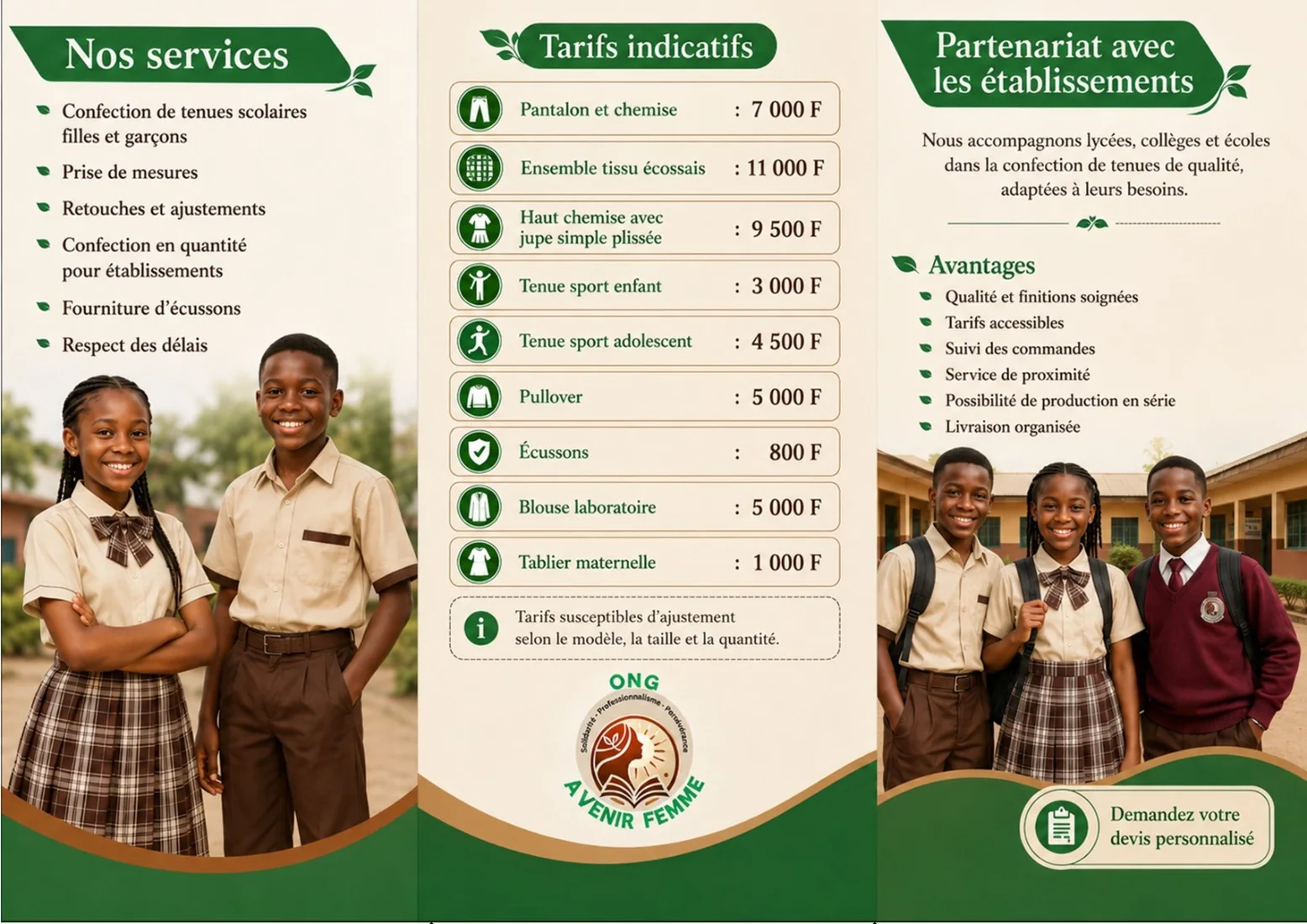 Dépliant services de confection de tenues scolaires